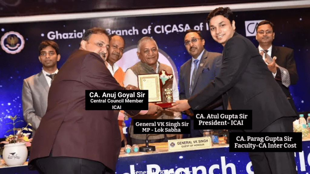 CA Parag Gupta Sir With General VK Singh Sir ( MP - Lok Sabha), CA. Anuj Goyal (Central Council Member), and With CA. Atul Kumar Gupta (ICAI President)